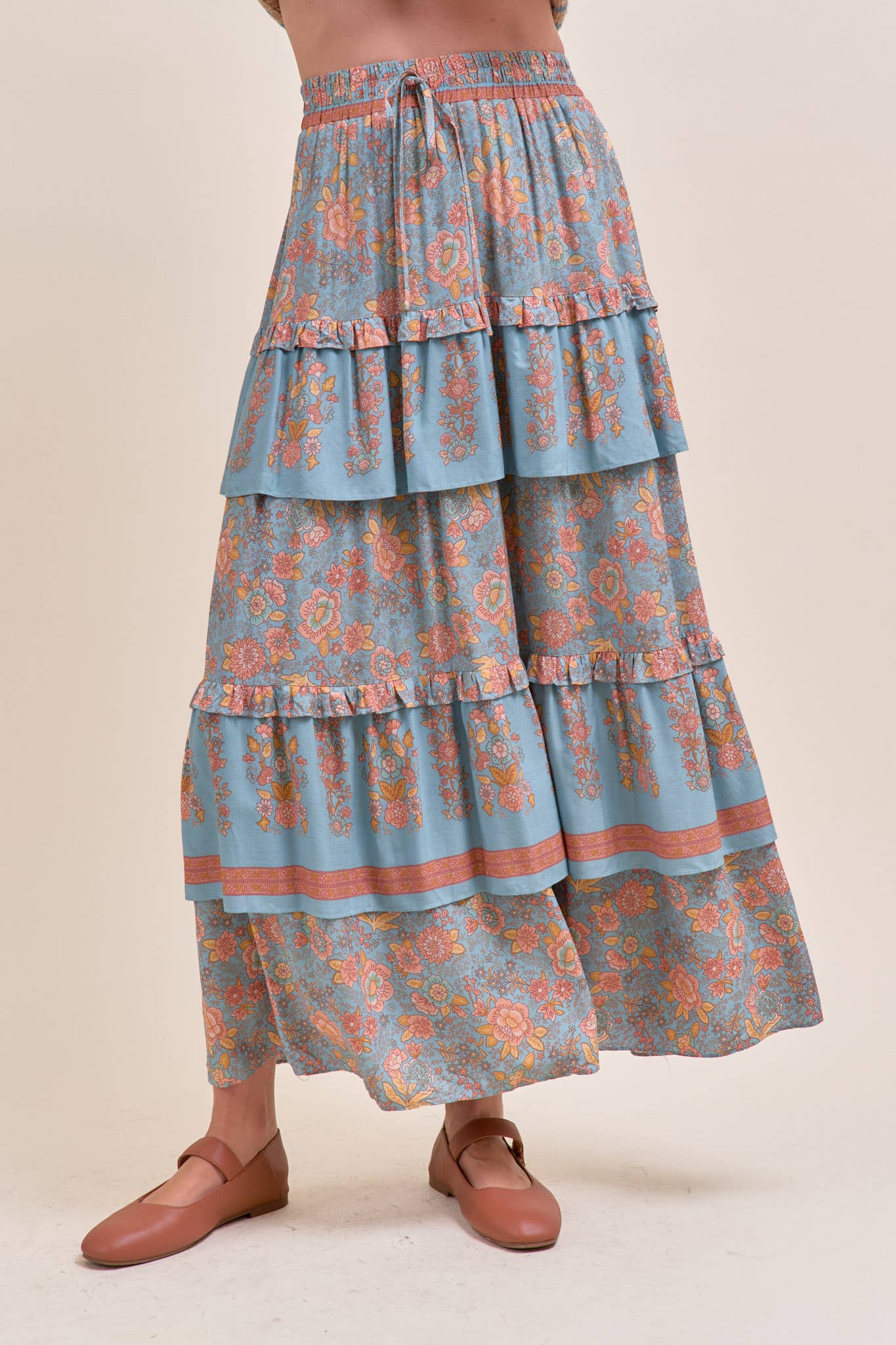 &MERCI - RUFFLE TIERED BORDER PRINT MIDI SKIRT MSK4166