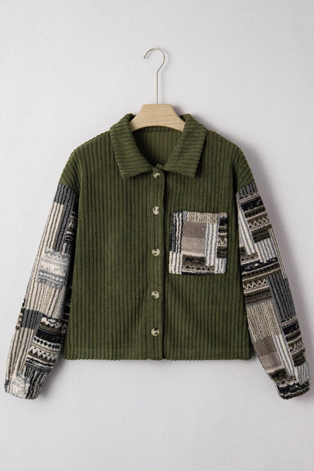 Lovesoft - Jungle Green Ribbed Fleece Plaid Print Patchwork Button Up Jacket