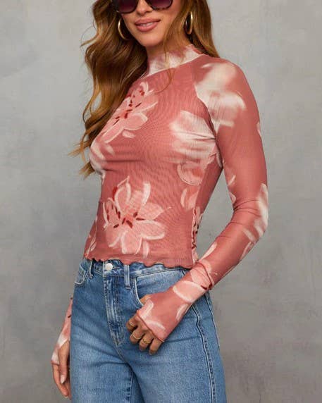 Rosa Clothing - Floral Lettuce Trim Mesh Mock Neck Lining Top