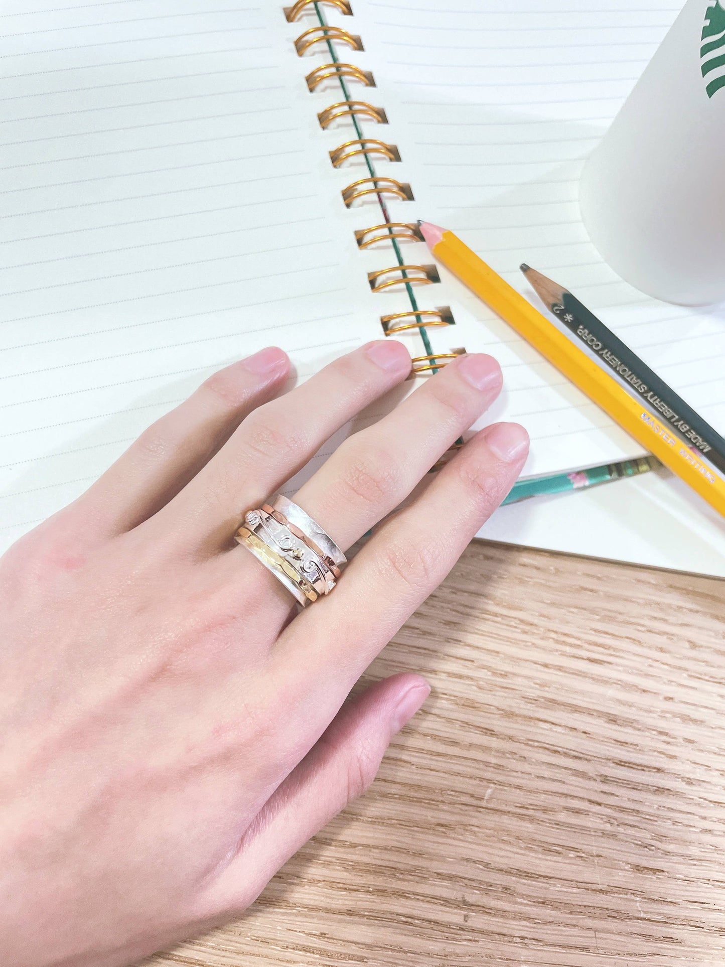 Zoey Simmons - Tri-Tone Engraved Spinner Ring - SP/GP/RG
