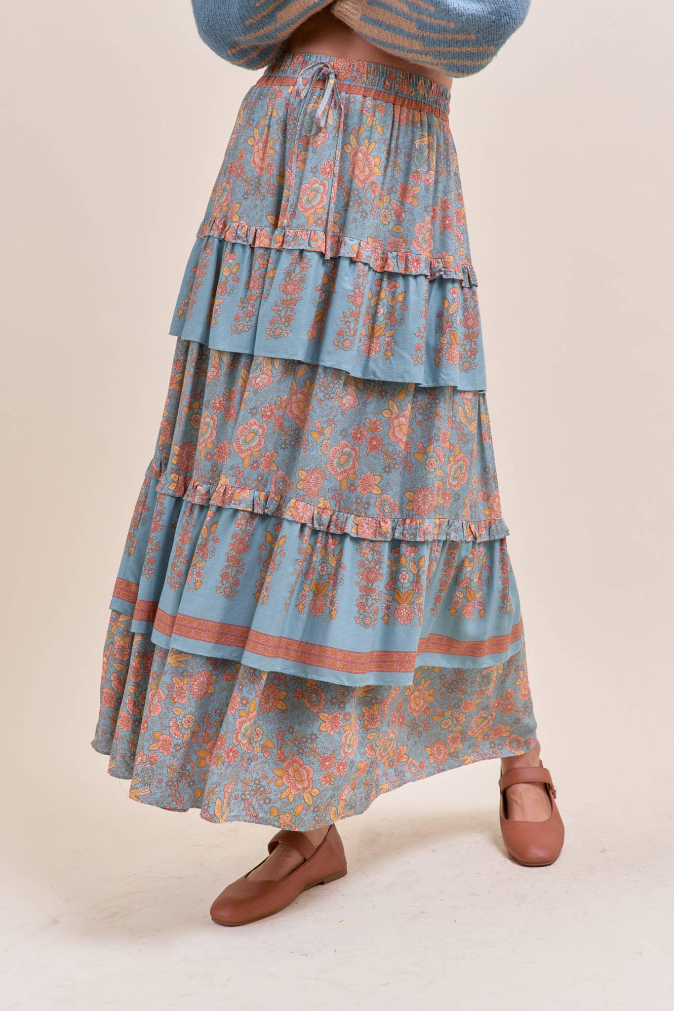 &MERCI - RUFFLE TIERED BORDER PRINT MIDI SKIRT MSK4166