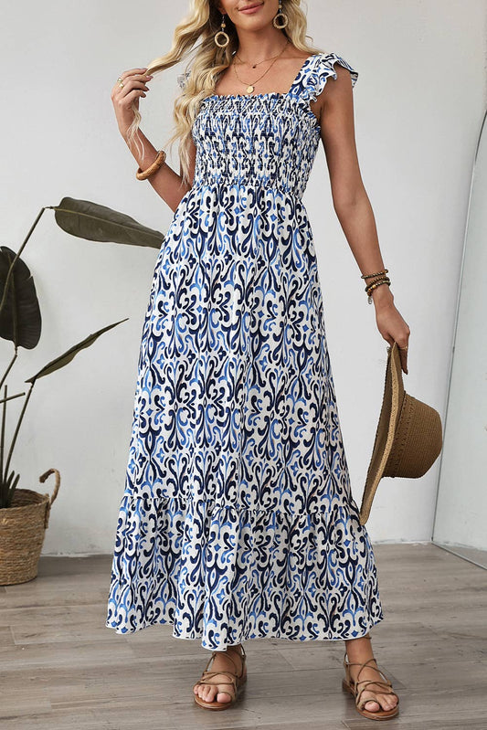 1 the Woman - Boho Print Smocked High Waist Maxi Dress