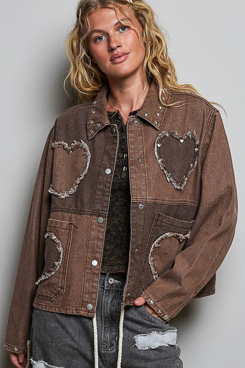 Pol Clothing - Heart-Shaped Patch Pockets Texture Stud Collar Woven Jacket