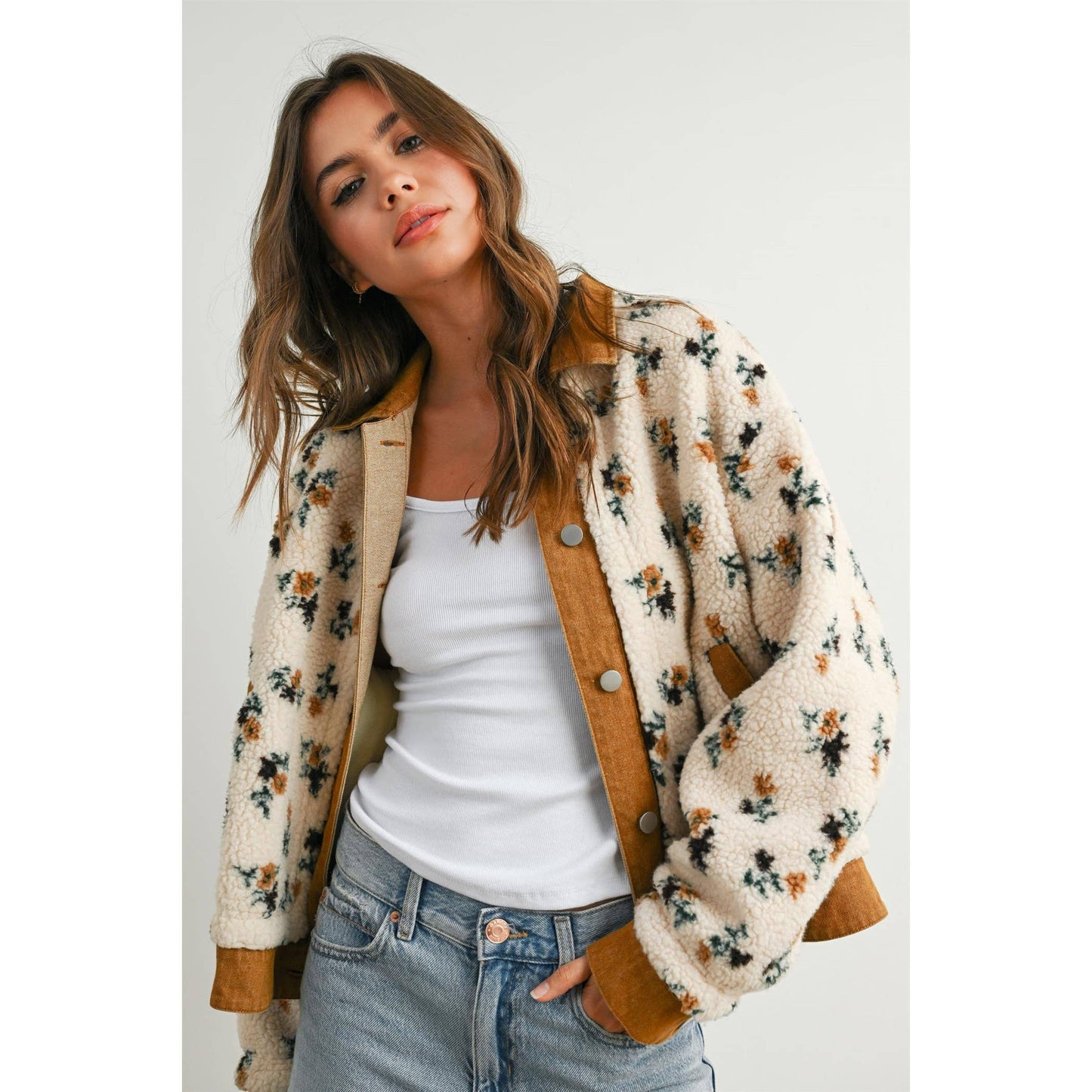 BUTTERMELON - Floral  Collared Button-Down Jacket - BMJ7881