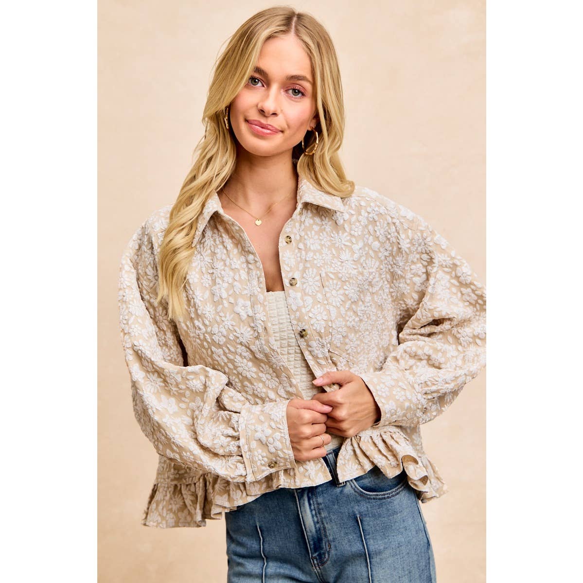 BiBi - TEXTURED FLORAL PATTERN RUFFLED HEM SHIRT TOP