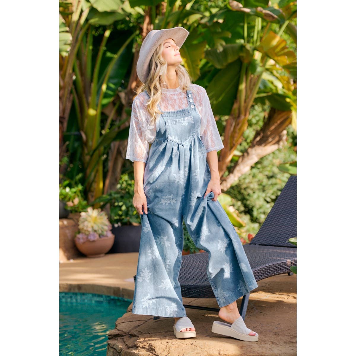 BiBi - ROSE PRINTED WASHED DENIM OVERALLS WITH PLEATS