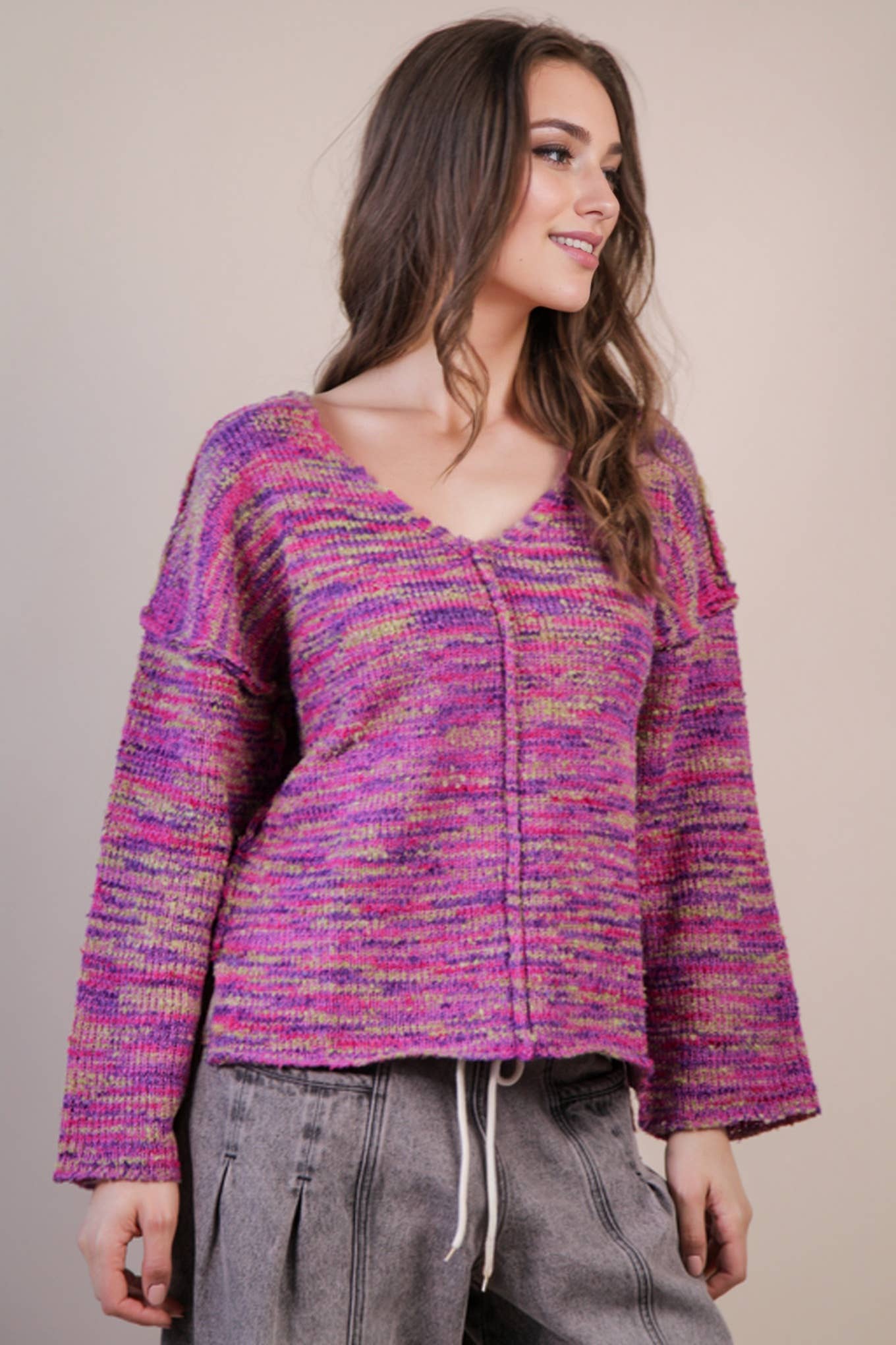 VERY J - 12W3270N-Oversized Casual Multi Color Knit Sweater Top