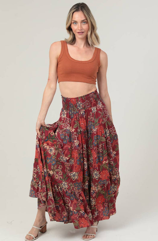ANGIE - 26P57-FR38 TIERED A LINE SMOCKED WAIST PRINTED MAXI SKIRT