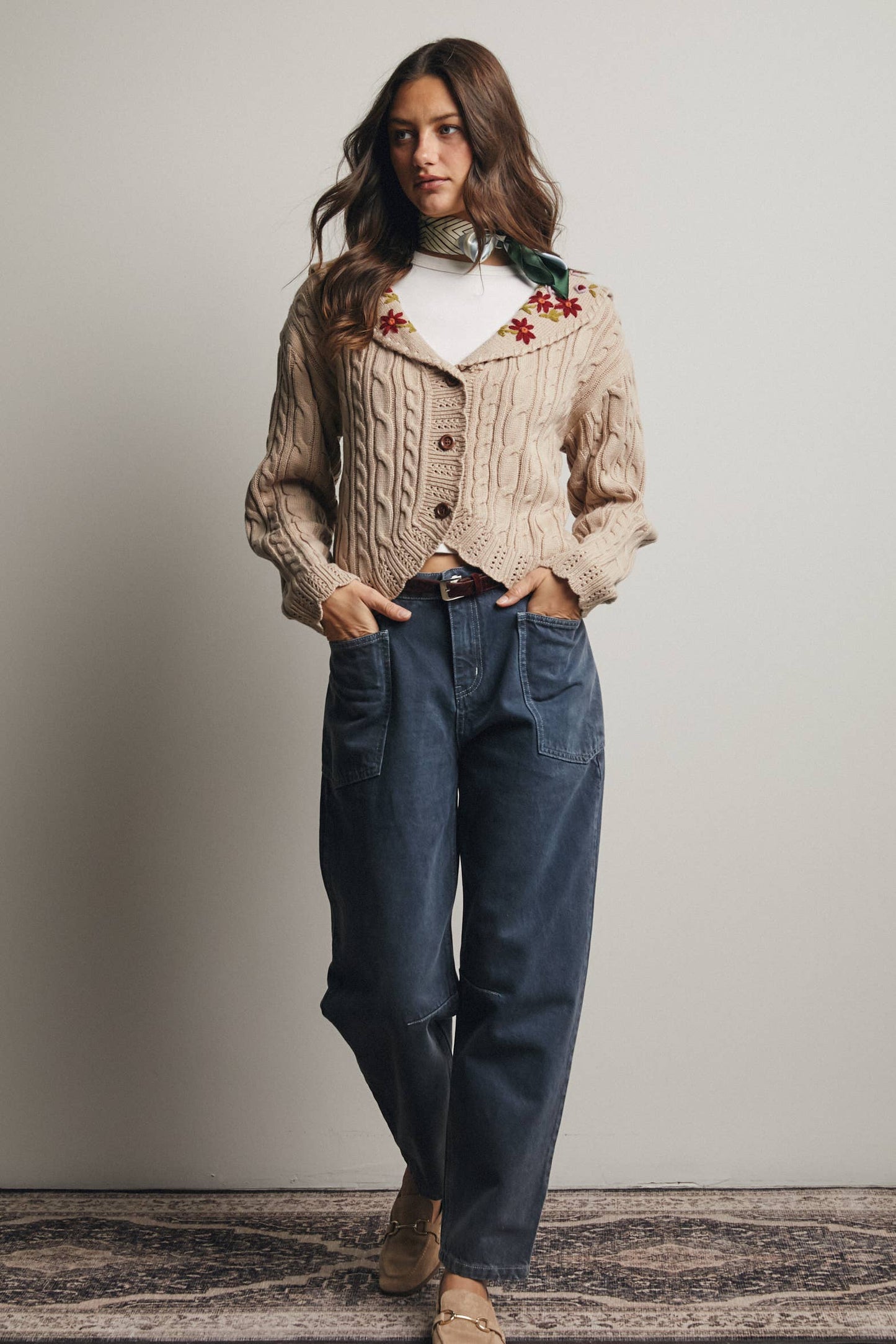 Forte - Cable Knit Embroidered Collar Cardigan FSW0024