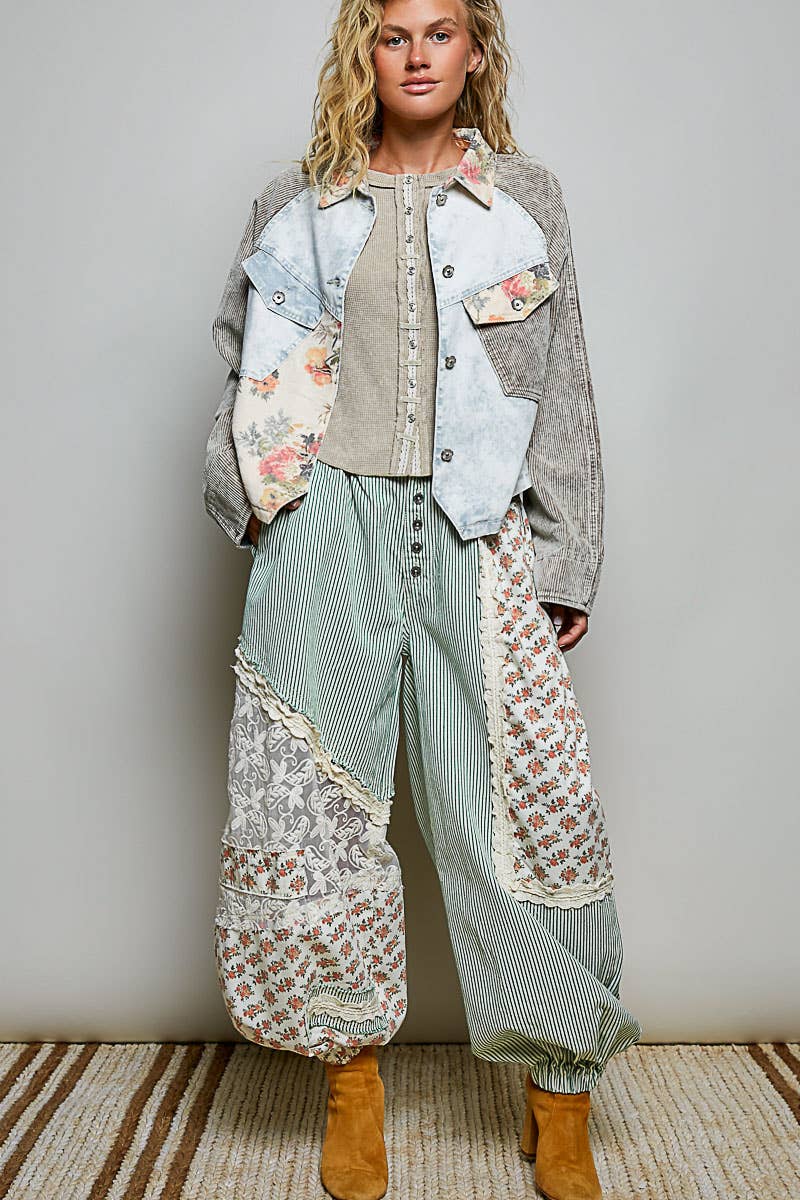 Pol Clothing - Soft Corduroy Sleeves Contrast Cropped Patchwork Jacket