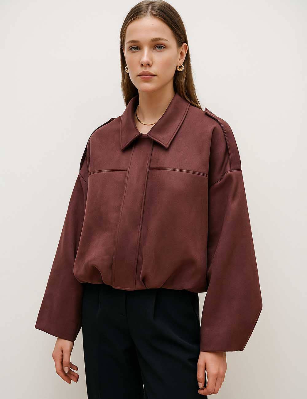 Sweetkama - Ladies Faux Suede Bomber Jacket Shirt Collar Zip-Up Coat