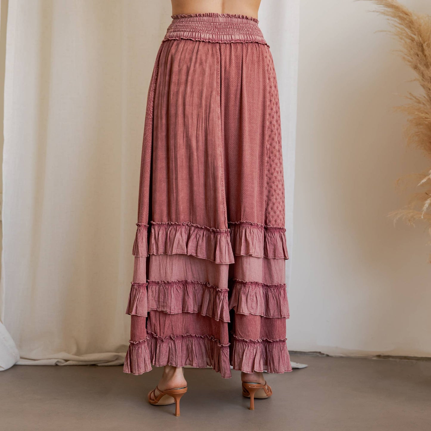 Young Threads - Rustic Textured Smocked Waist Ruffled Tiered Maxi Skirt