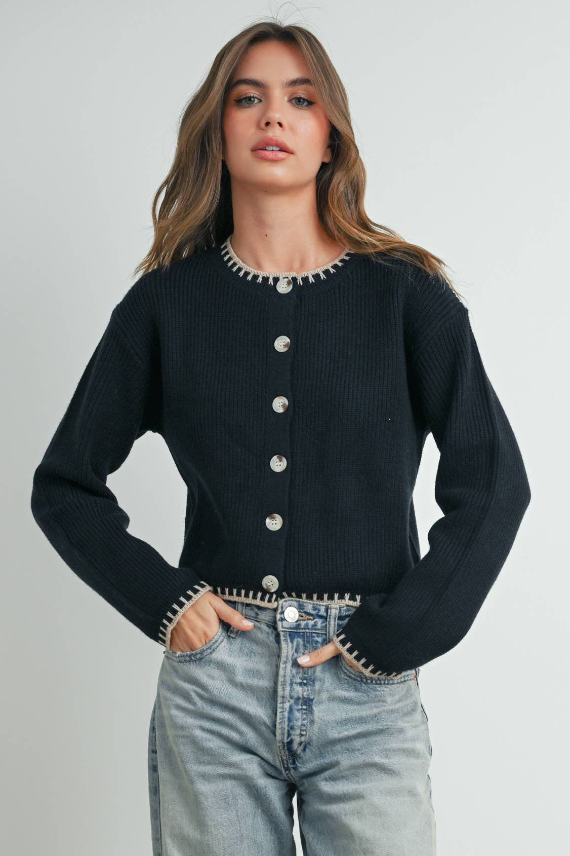 BUTTERMELON - Women's Crewneck Cardigan Sweater - BMC7526