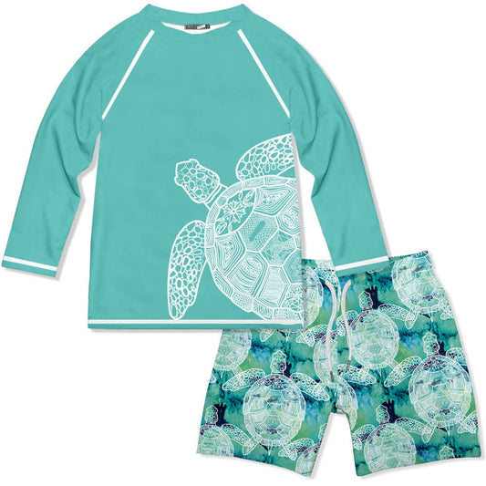 Millie Loves Lily - Turquoise Tie-DyeTurtle Long-Sleeve Rashguard Set