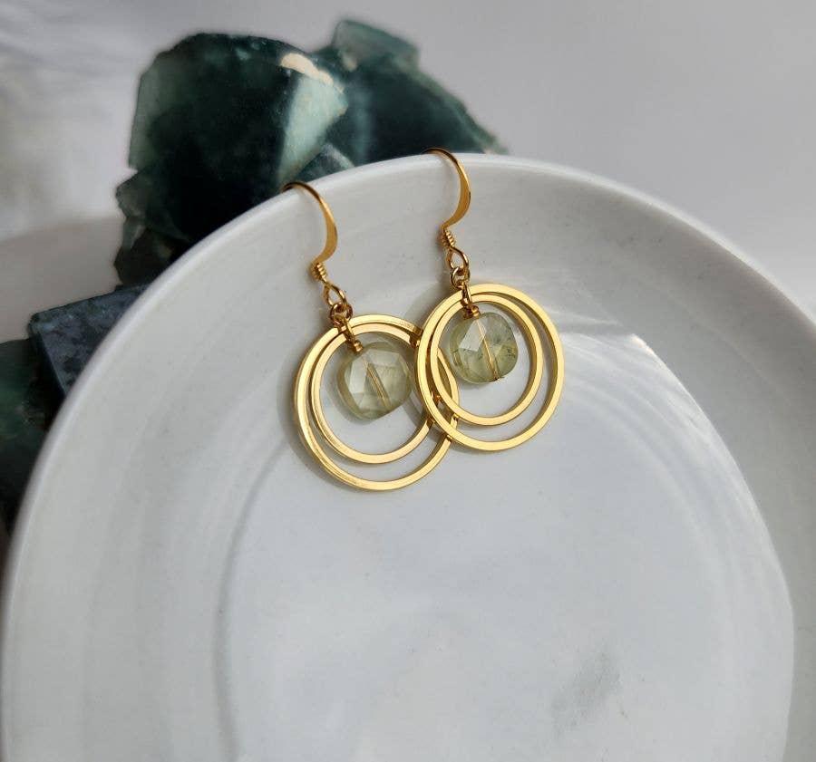 Edgy Petal Jewelry - Prehnite Square Double Gold Circle Earrings