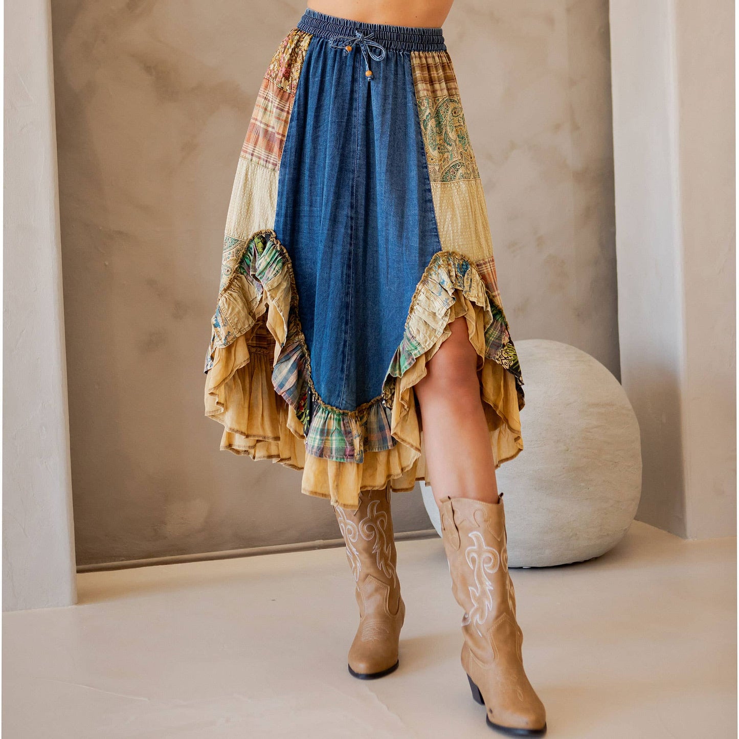 Young Threads - Western Boho Chic: Patchwork Midi Skirt