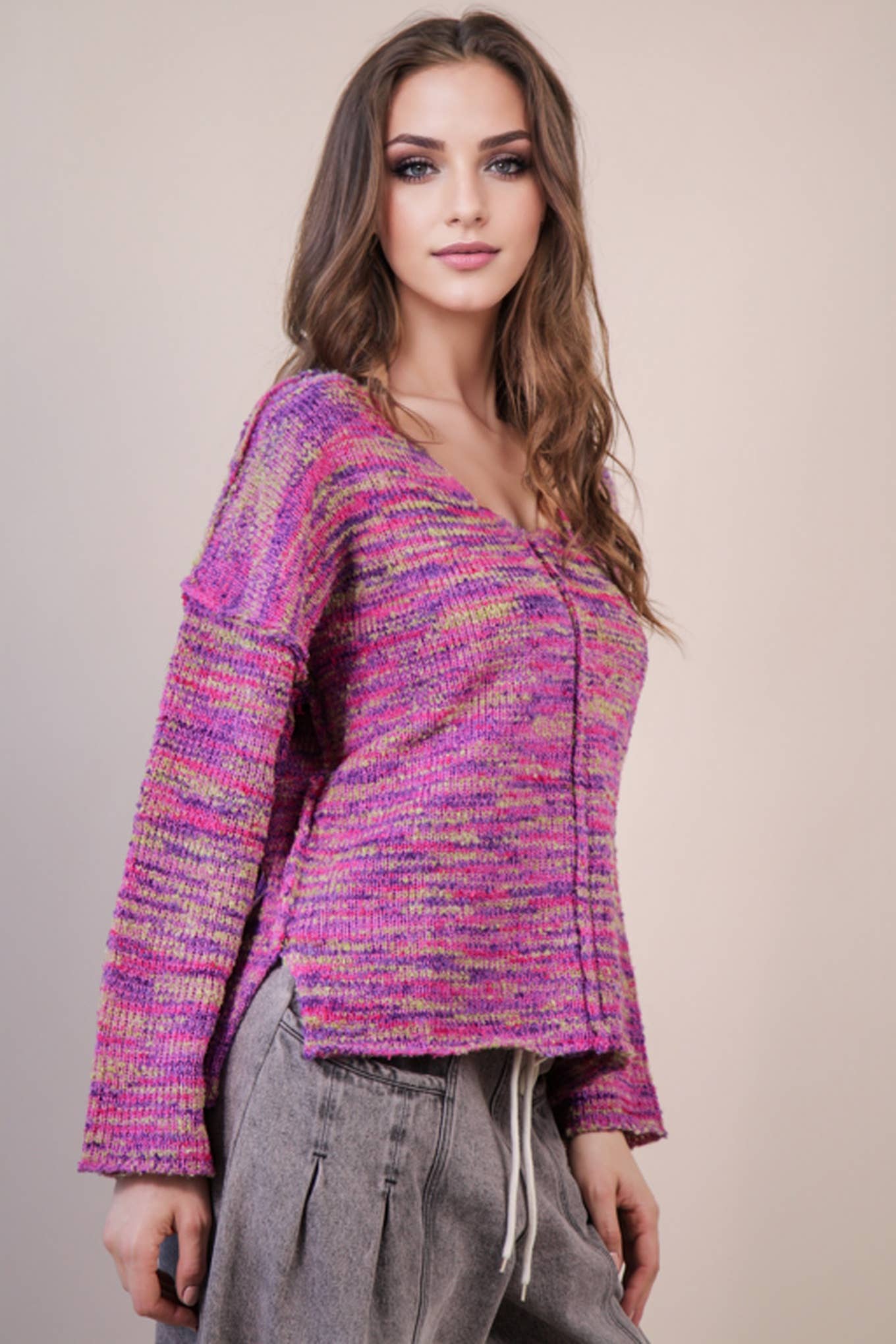 VERY J - 12W3270N-Oversized Casual Multi Color Knit Sweater Top