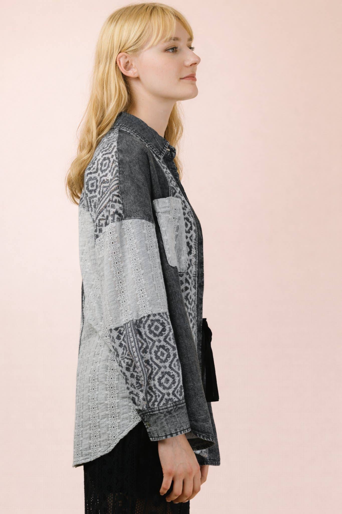 VERY J - NT12456-Oversized Washed Denim Shirt Top W/ Cont Fabric