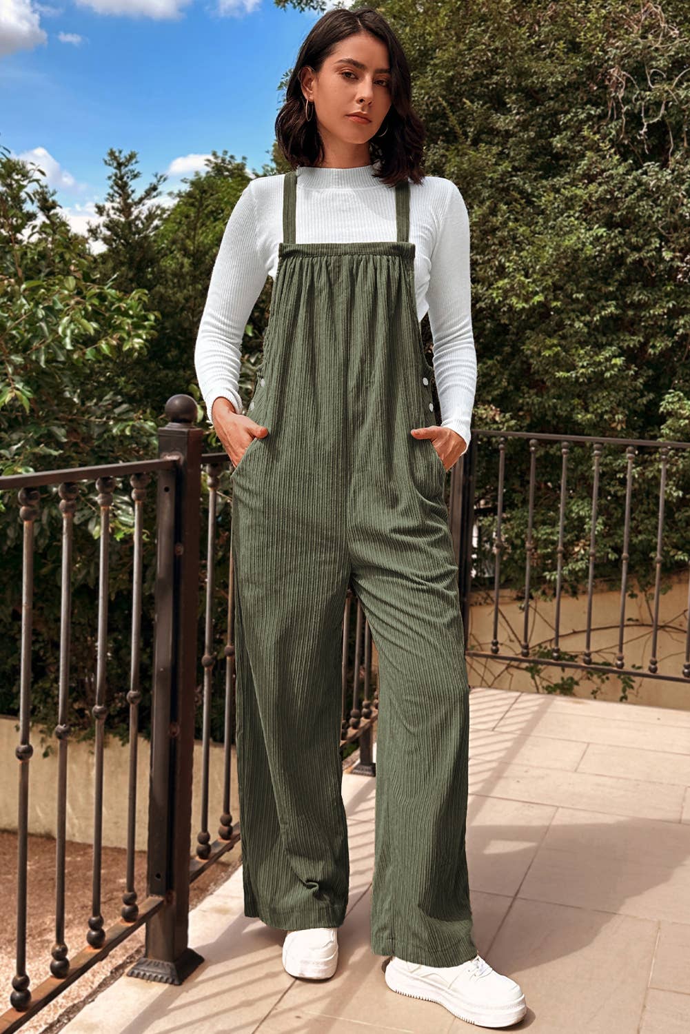 1 the Woman - Morn Solid Pocketed Loose Fit Corduroy Overall