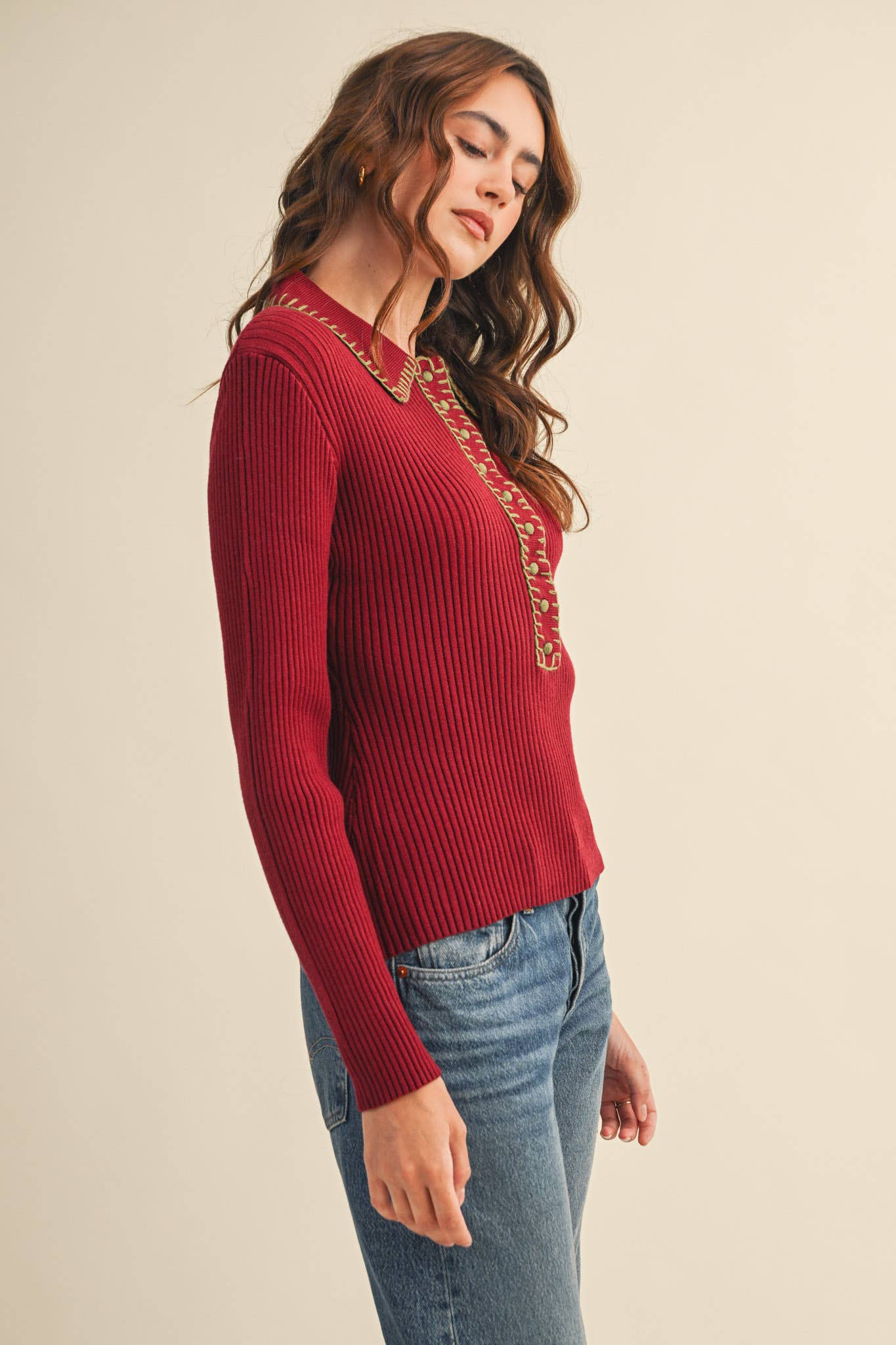 &MERCI - COLLARED RIBBED SWEATER WITH CONTRAST STITCH MSW11233