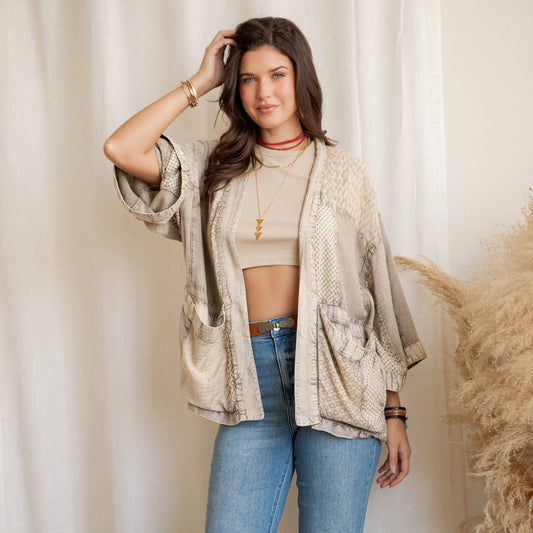 Young Threads - Boho Textured Mixed-Print Kimono with Pouch Pockets