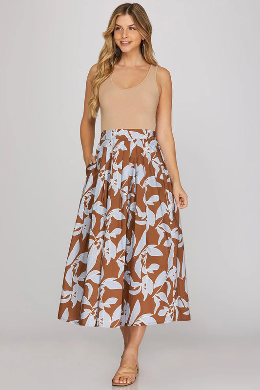 BRown Printed MIDI Skirt