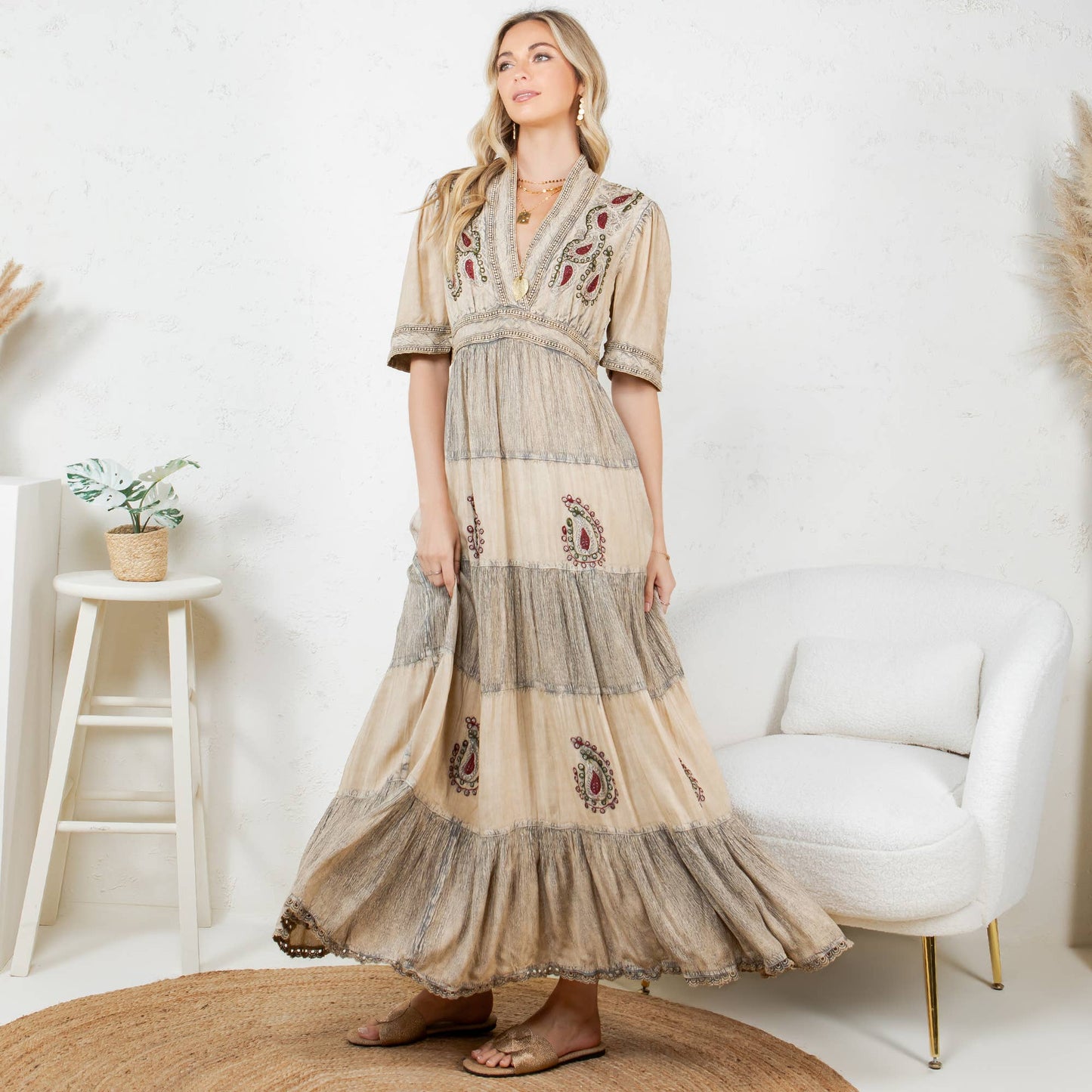 Young Threads - Boho Breeze: 5 Tiers V Neck Long Maxi Dress 