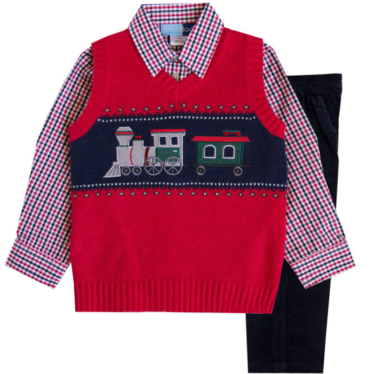 Good Lad Apparel - Good Lad Infant Boys Red Train Sweater Vest Set