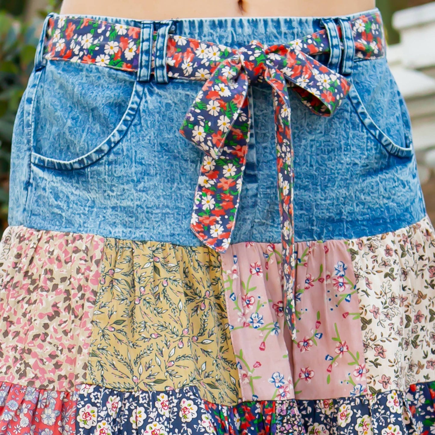 Young Threads - Mini Skirt In Denim With Rayon Prints With Pockets