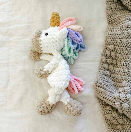 The Lumber Creek Co - Crochet Unicorn Plushie Snuggler Lovey Stuffed Animal Toy