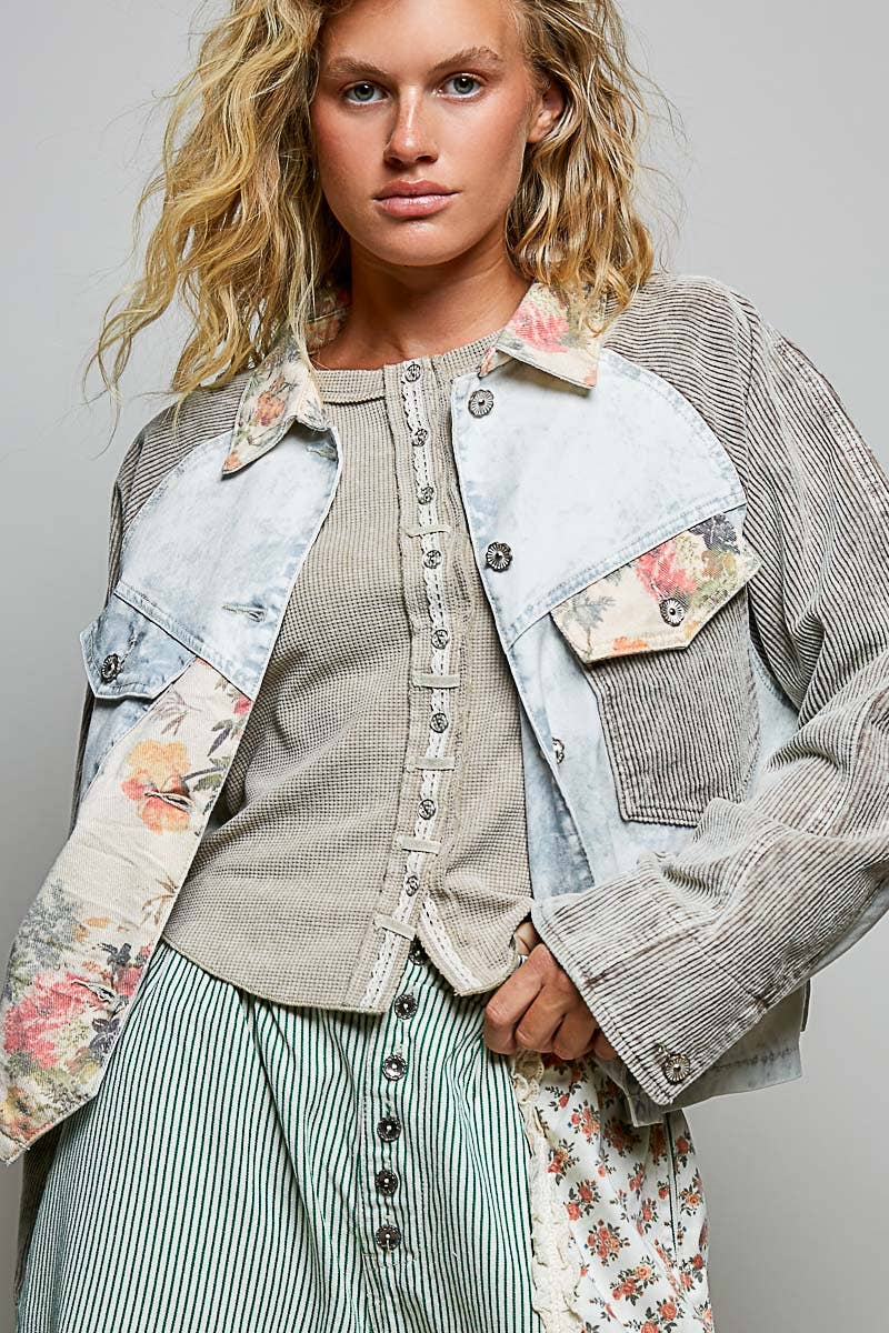 Pol Clothing - Soft Corduroy Sleeves Contrast Cropped Patchwork Jacket