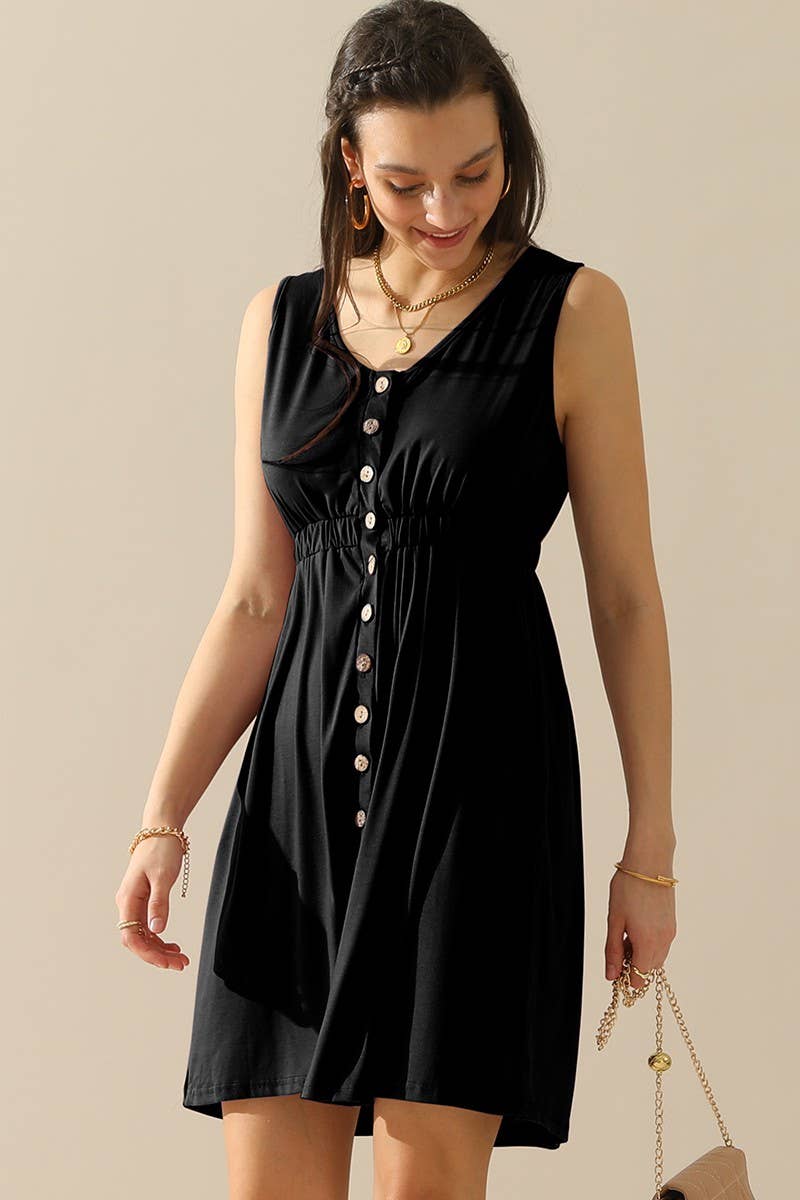 NINEXIS - CWDSD1389-B_SLEEVELESS BUTTON POCKET SLIM WAIST DRESS