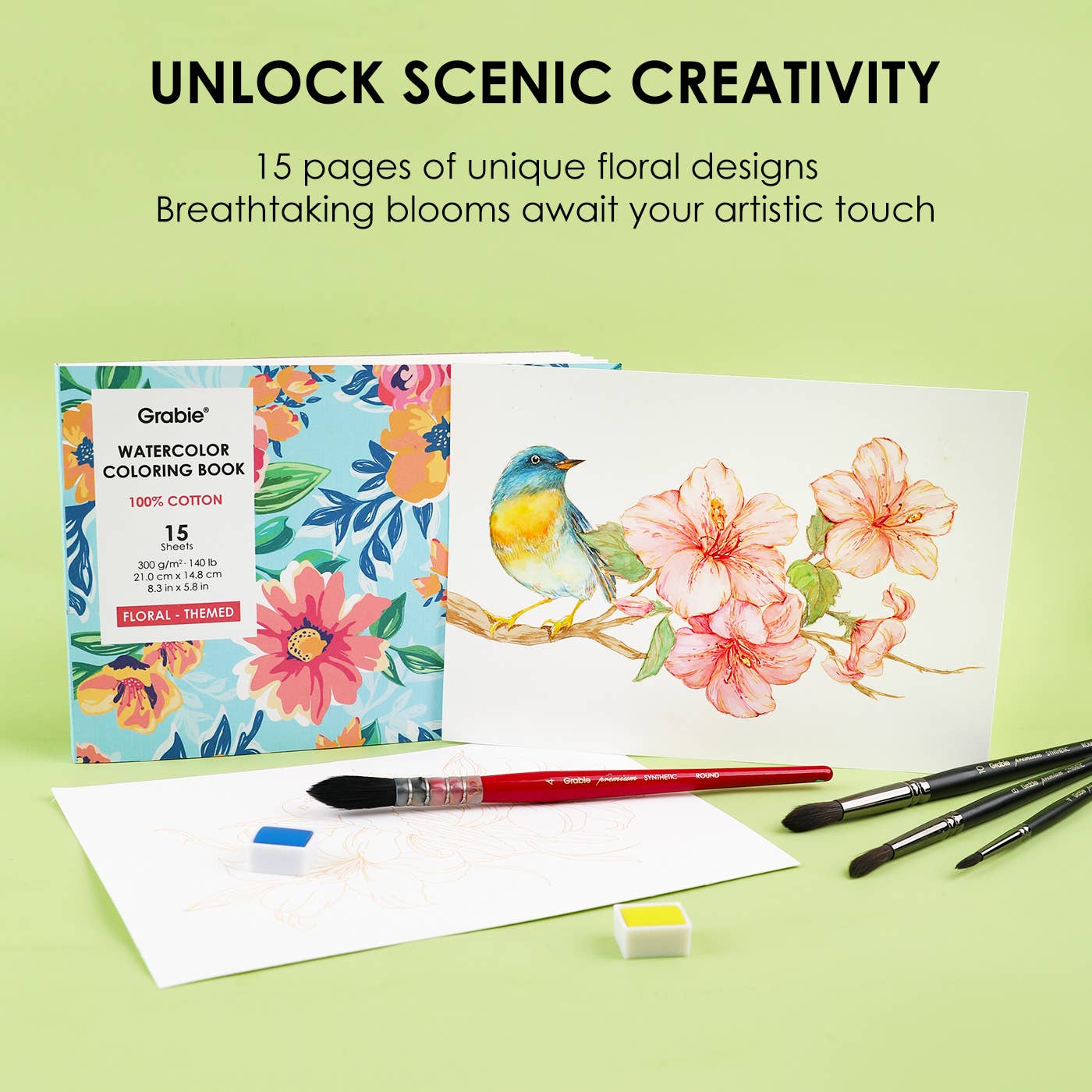Grabie - Grabie 15 Sheets 140LB Floral-Themed Watercolor Coloring Book