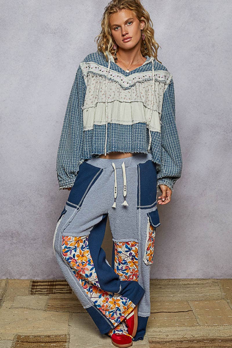Pol Clothing - Balloon Sleeve Textured Denim Twill Patch Ruffle Hoodie Top