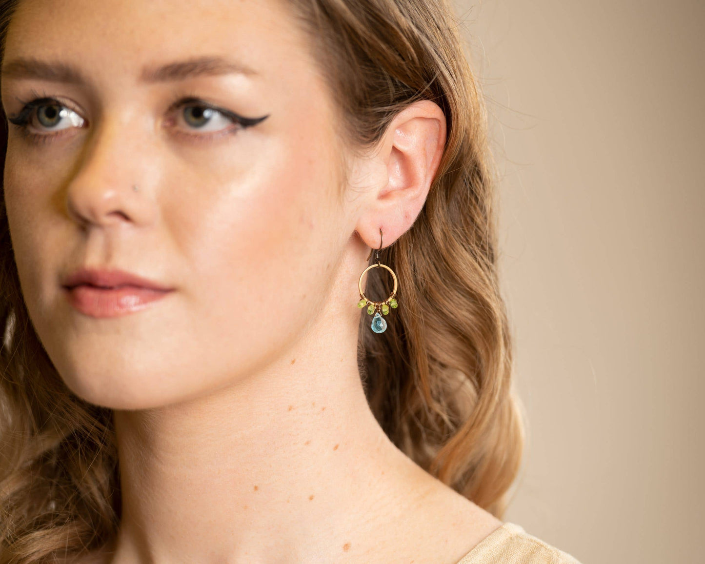 Edgy Petal Jewelry - Sky Blue Topaz and Peridot Beaded Wrapped Hoop Earrings