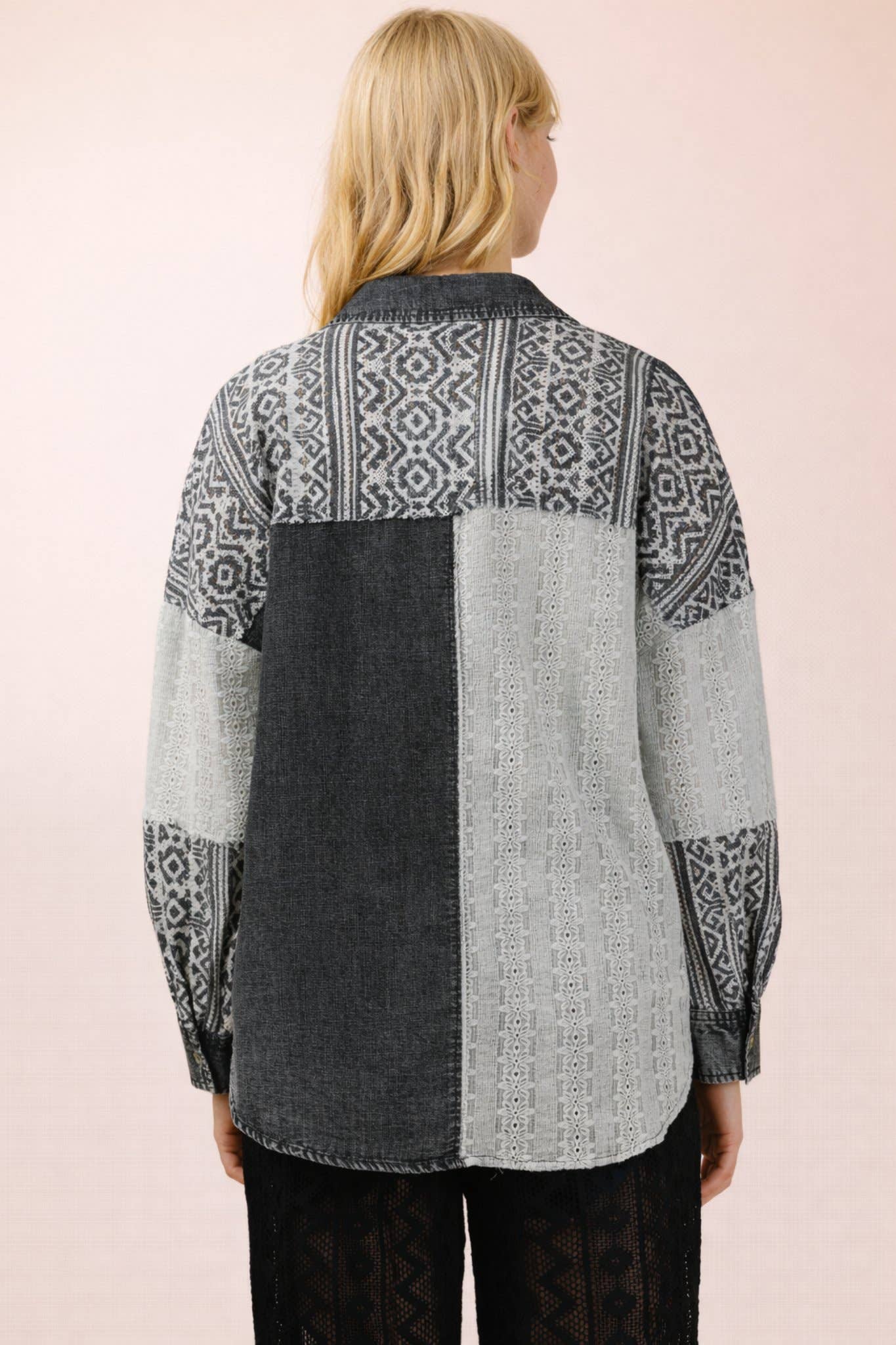 VERY J - NT12456-Oversized Washed Denim Shirt Top W/ Cont Fabric