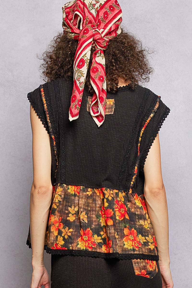 Pol Clothing - V-neck Floral Pattern Trim Ruffle Rib Knitted Sleeveless Top