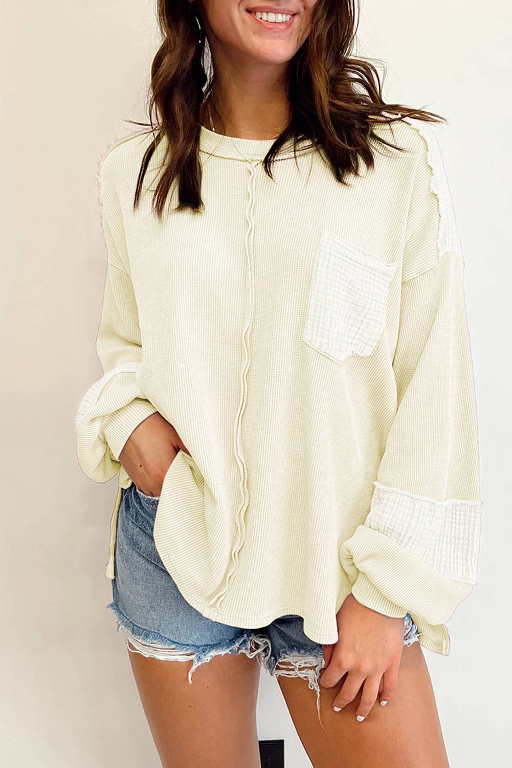 Lovesoft - Exposed Seam Patchwork Bubble Sleeve Waffle Knit Top