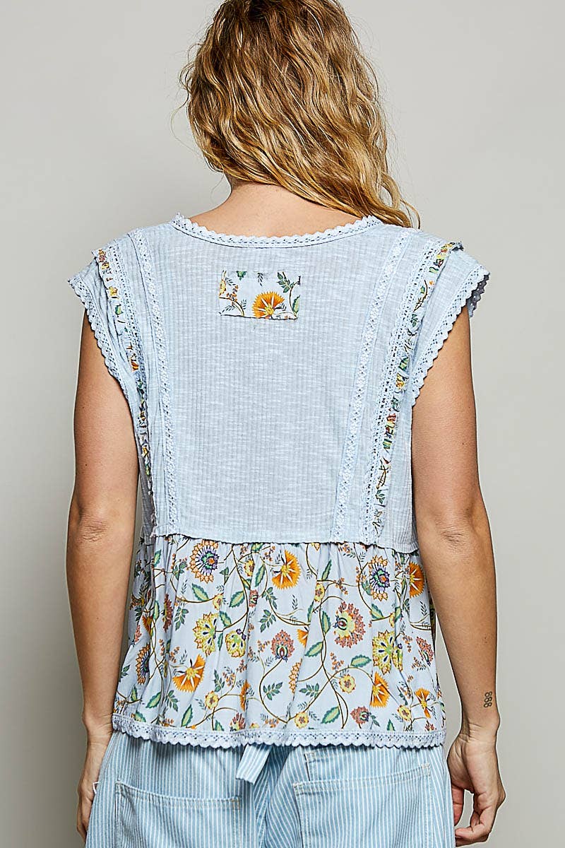 Pol Clothing - V-neck Floral Pattern Trim Ruffle Rib Knitted Sleeveless Top