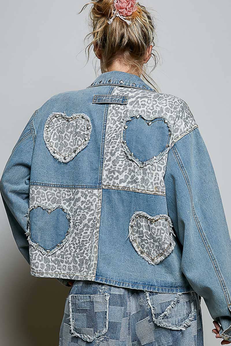 Pol Clothing - Heart-Shaped Patch Pockets Texture Stud Collar Woven Jacket