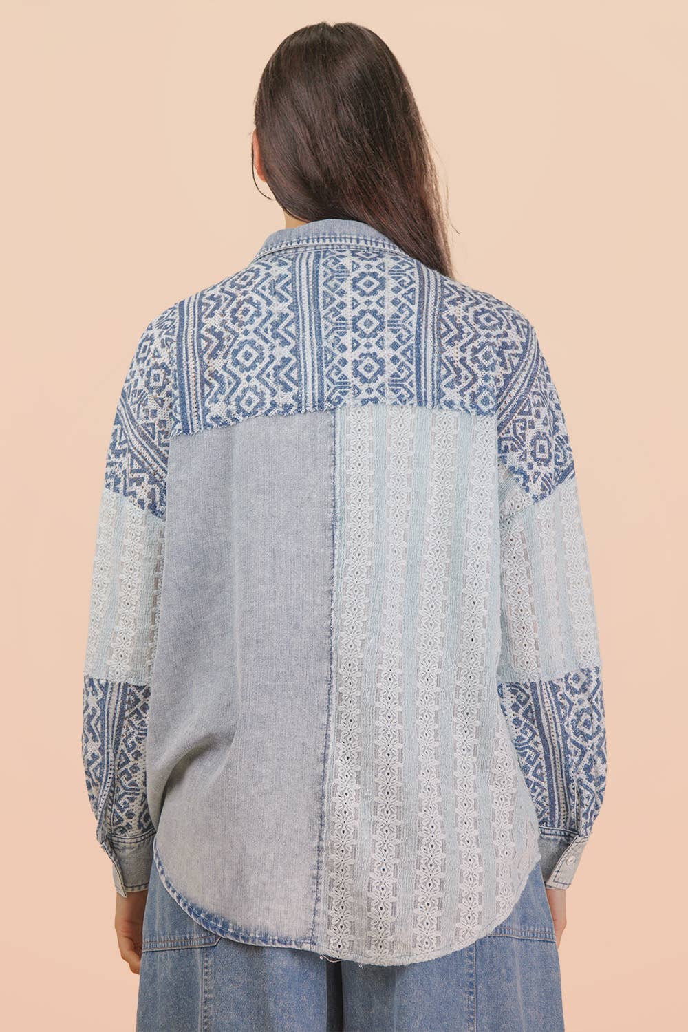 VERY J - NT12456-Oversized Washed Denim Shirt Top W/ Cont Fabric