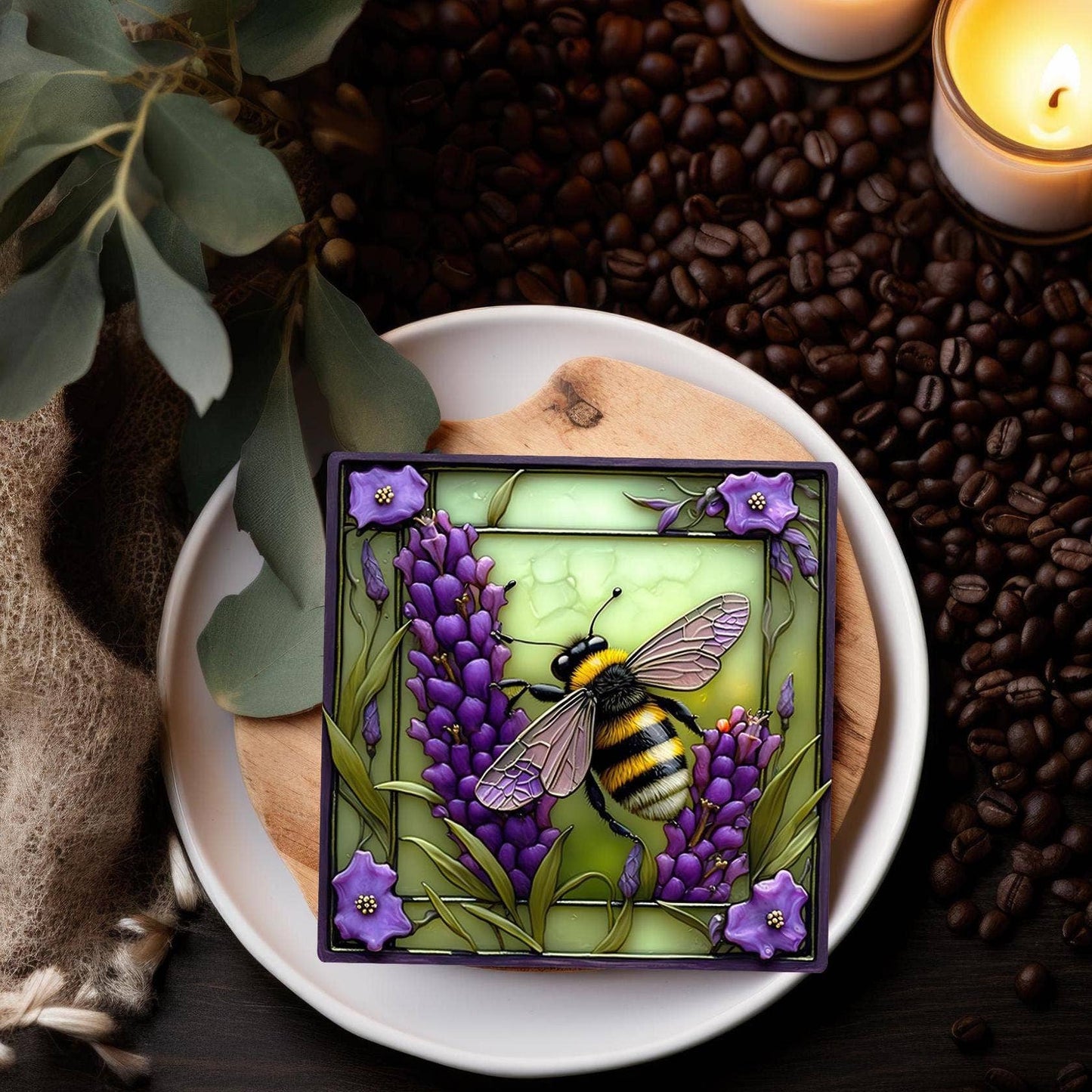 Fernville Creations - Bee & Lavender Ceramic Coaster with Cork Back for Home Decor