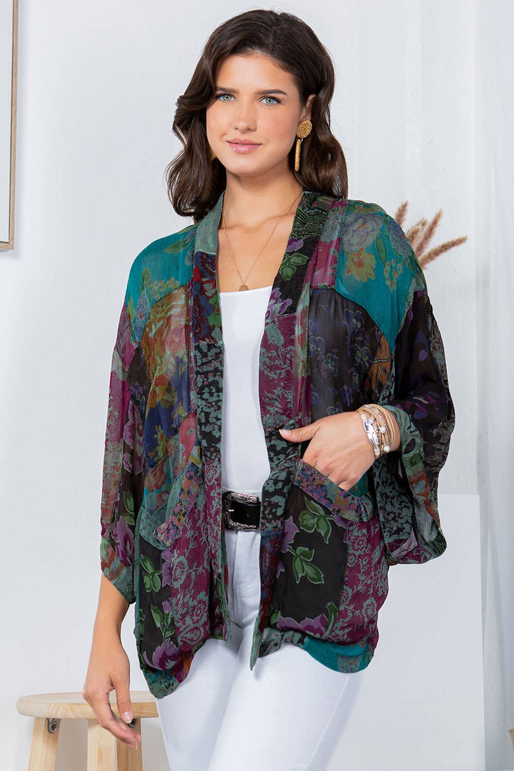 Young Threads - Kimono Top In Overdyed Mix N Match Patches - in 7 Color ways