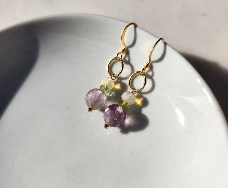Edgy Petal Jewelry - Light Amethyst, Peridot and Ethiopian Opal Gold Ringlet Earrings