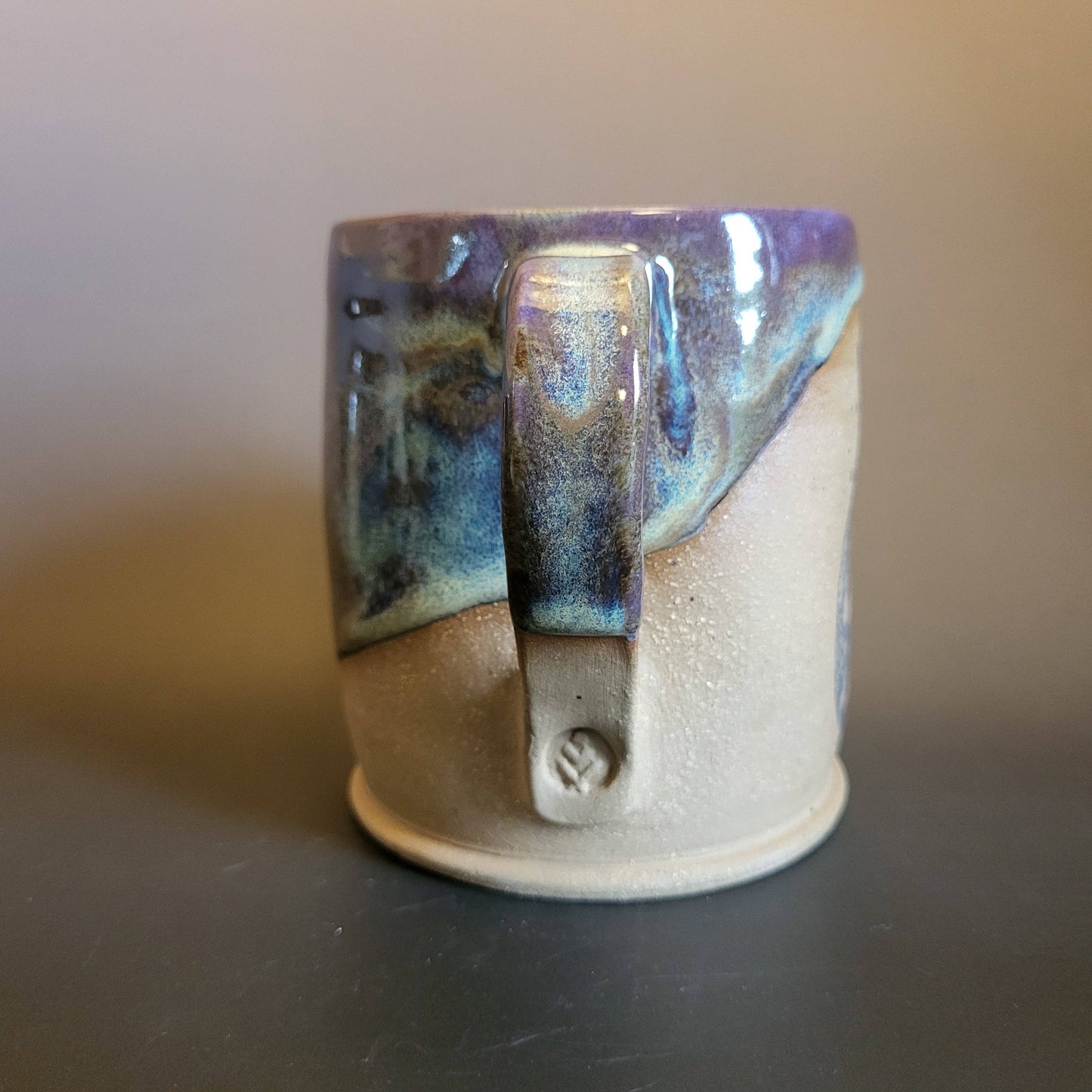 Divine Vessels Pottery - Owl Mug with Sleepy Owl Emblem Purple and Blue Glaze