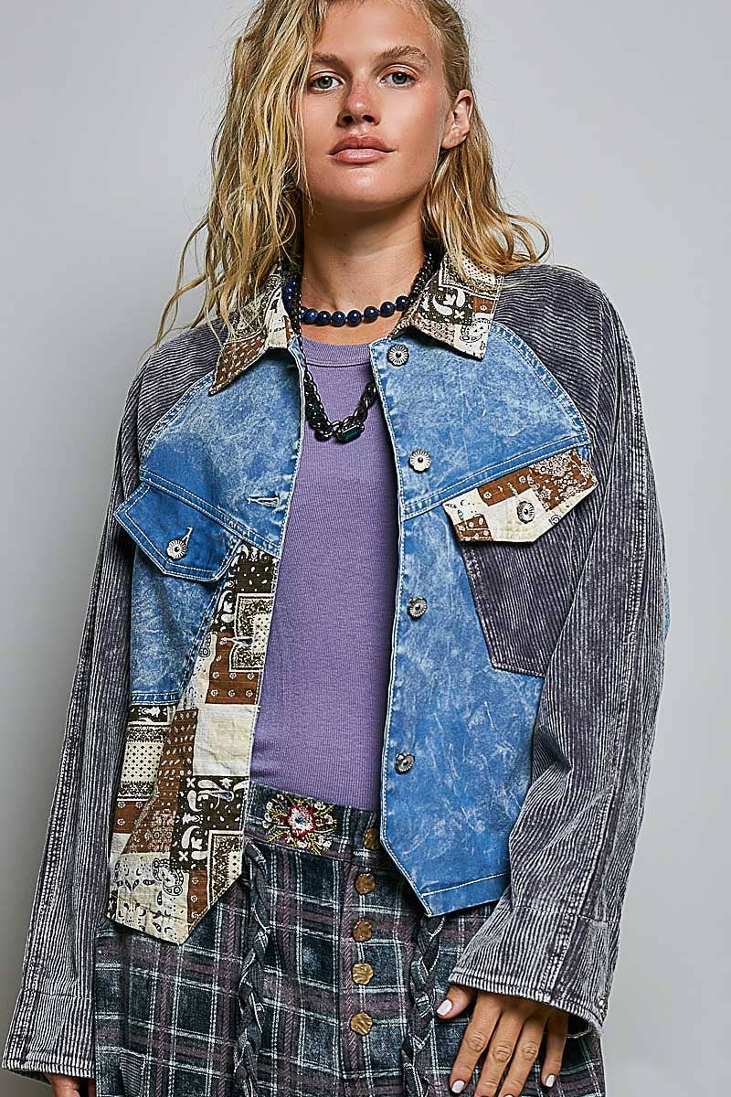 Pol Clothing - Soft Corduroy Sleeves Contrast Cropped Patchwork Jacket