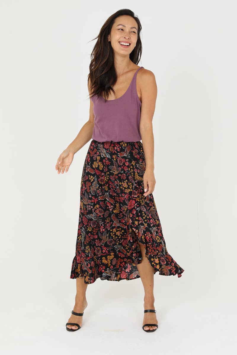 Ru11 Nostalgia - N6E89-RU11 ELASTIC WAIST SKIRT WITH RUFFLE SLIT – The B's Nest