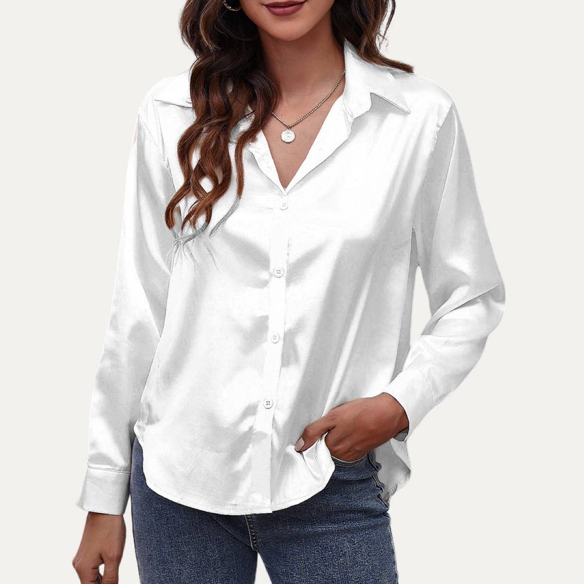 Easily Chic Solid Long Sleeve Button-Up Satin Shirt: BROWN / S