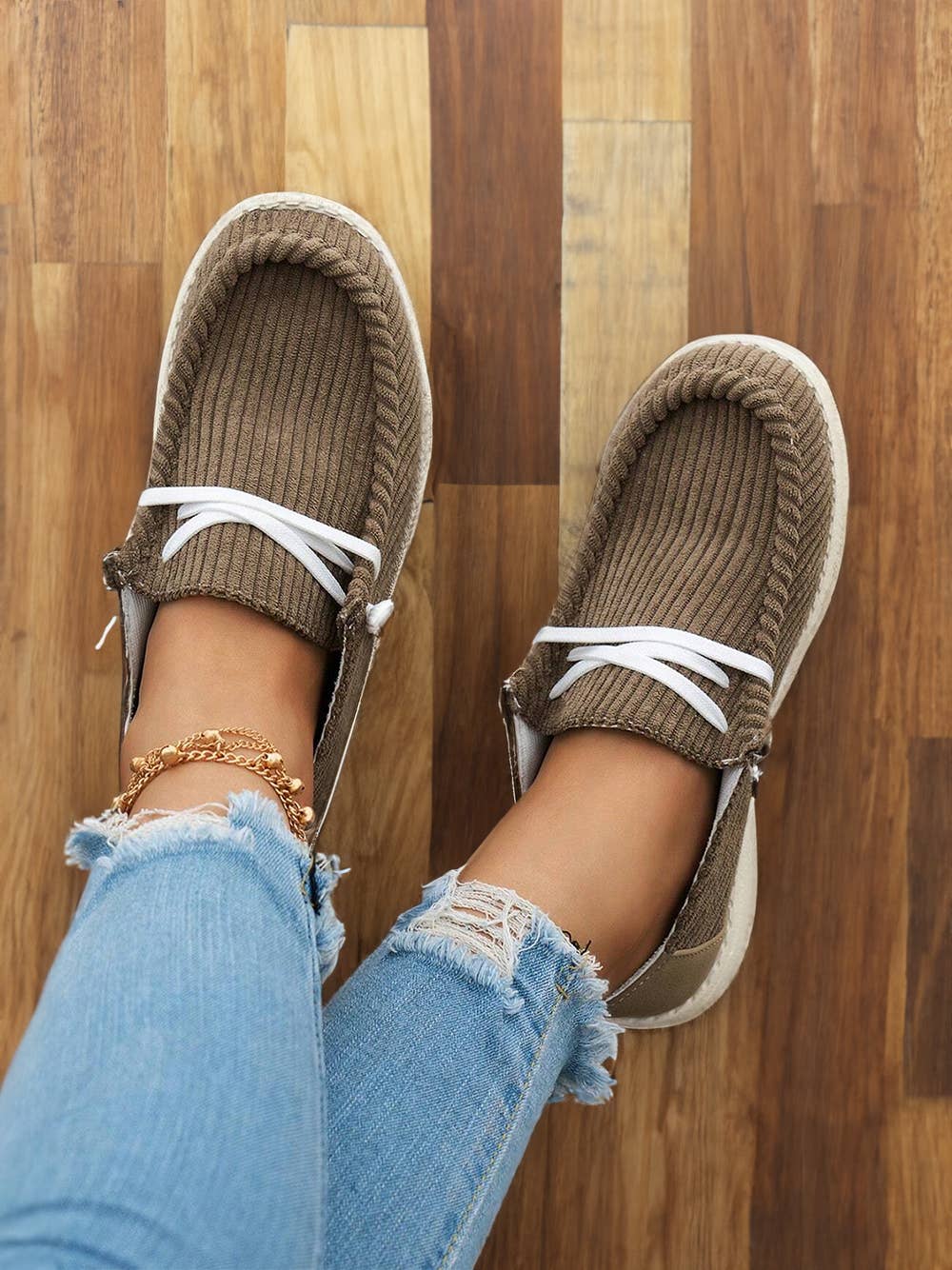1 the Woman - Solid Ribbed Criss Cross Slip On Casual Shoes