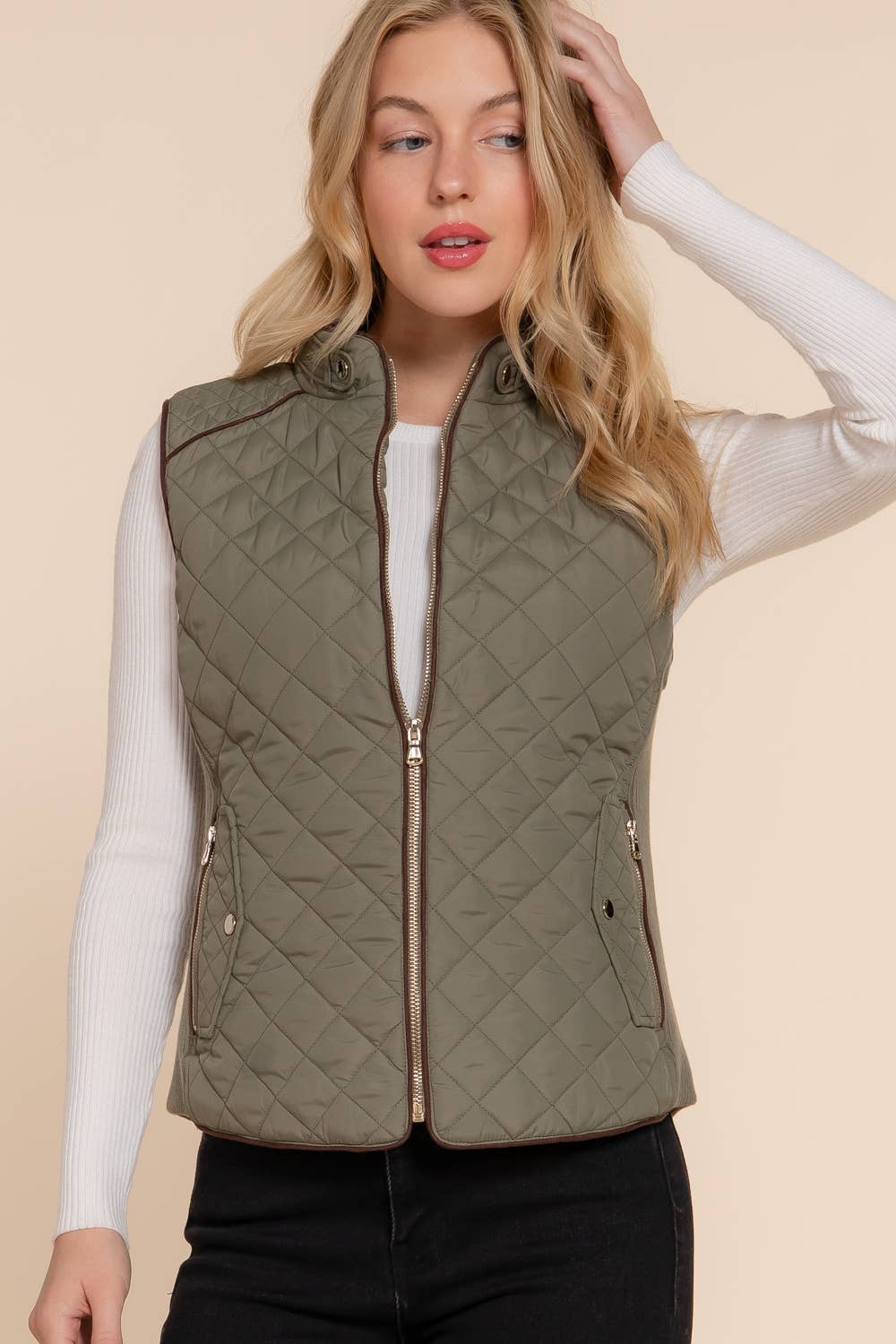 Active Basic | Active USA - Suede Piping Detail Rib Quilted Padding Vest